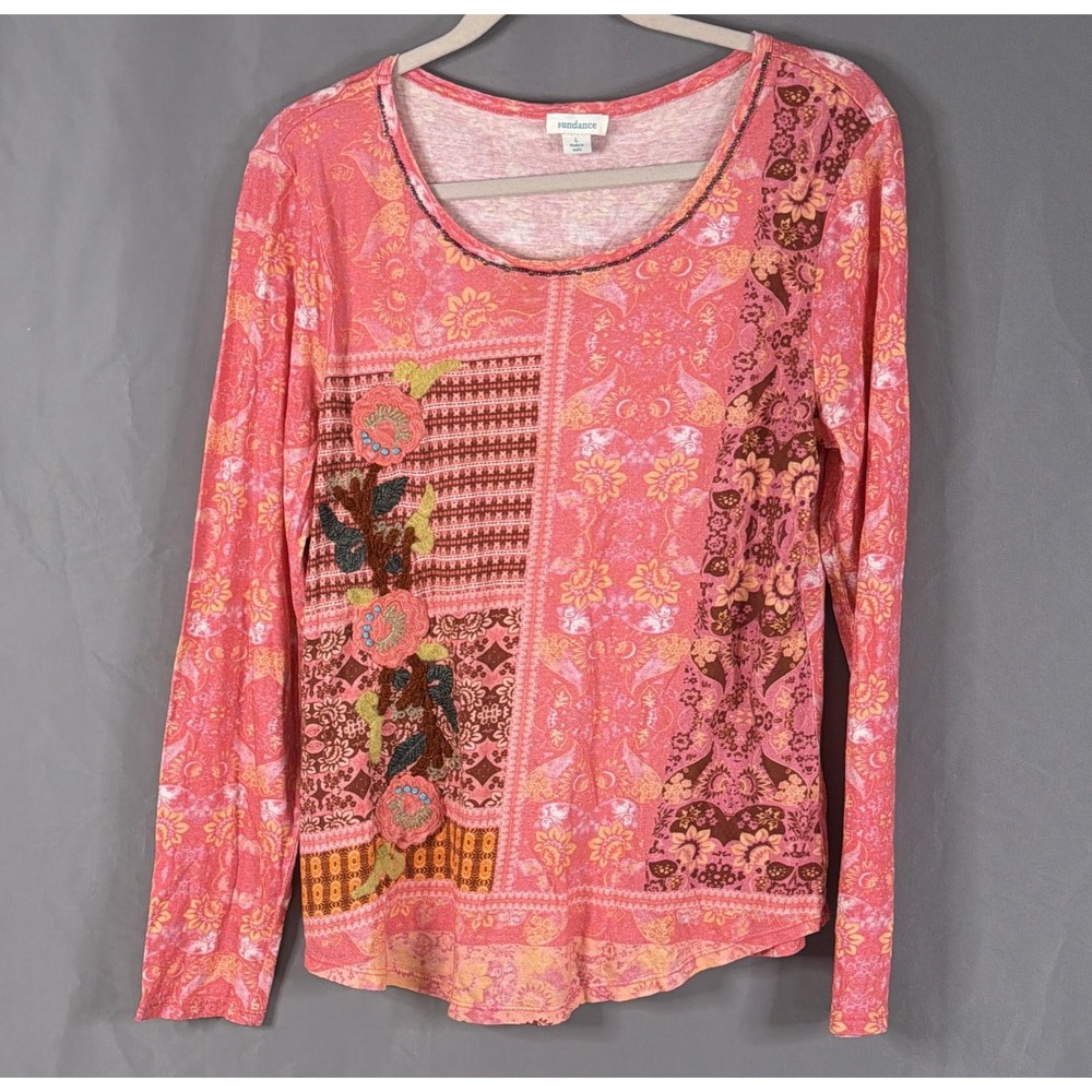 Sundance Top Womens Large Pink Floral Embroidered Scoop Neck Jersey Tee Boho